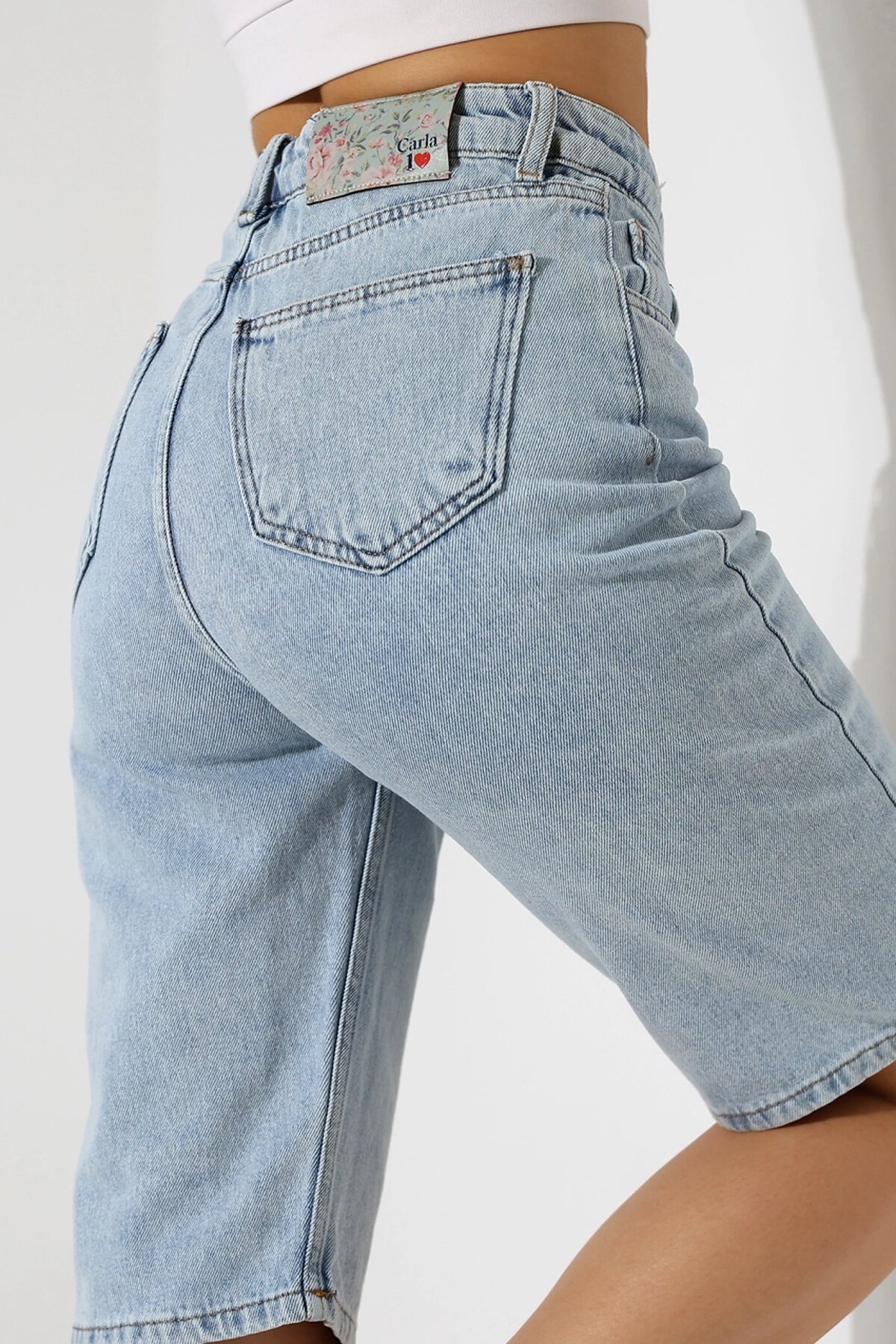 Kadın Yüksek Bel Salaş Jean Bermuda Mavi