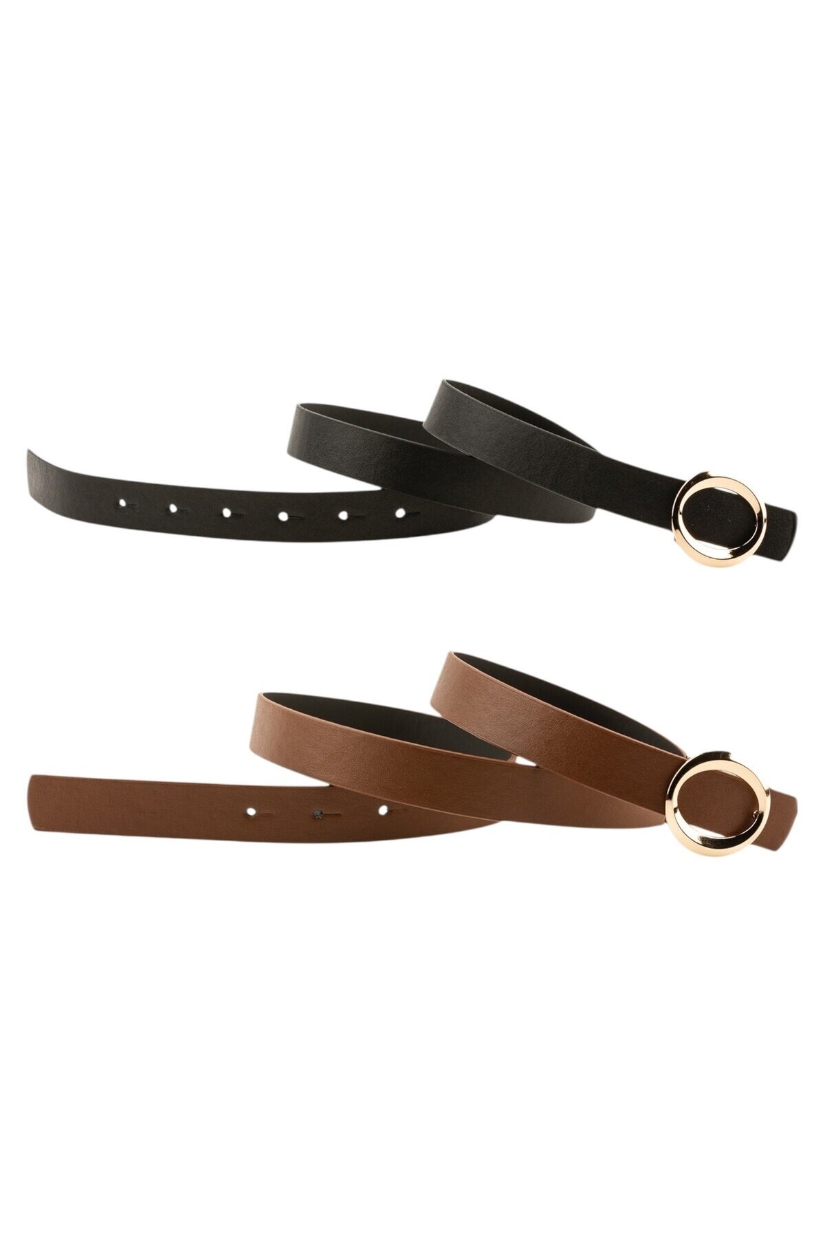 Kalın Halka Tokalı İkili Set Siyah_Taba Kadın Kemeri