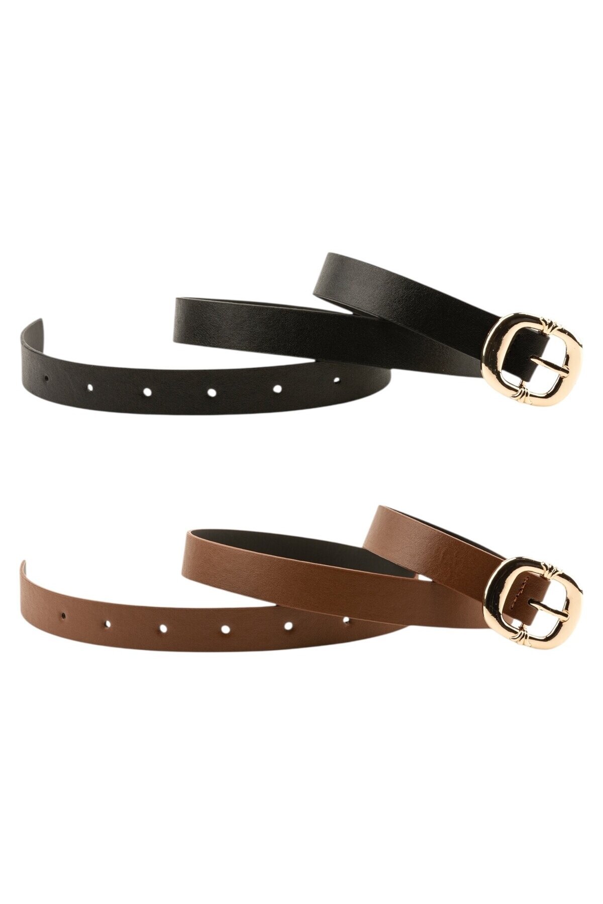 Kalın Kare Tokalı İkili Set Siyah_Taba Kadın Kemeri