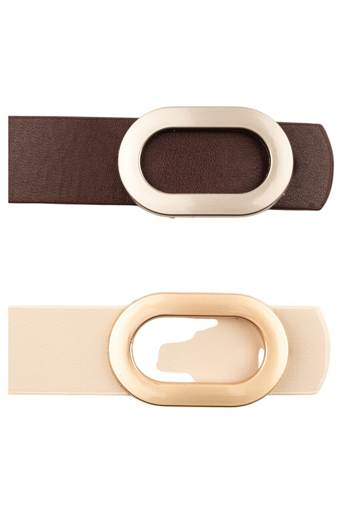 Kalın Oval Tokalı İkili Set Kahverengi_Bej Kadın Kemeri