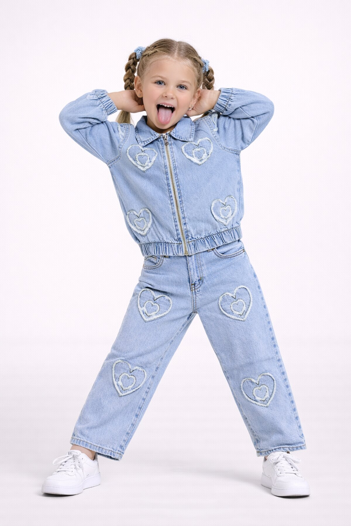 Kız Çocuk Kalp Desenli Jean Takım