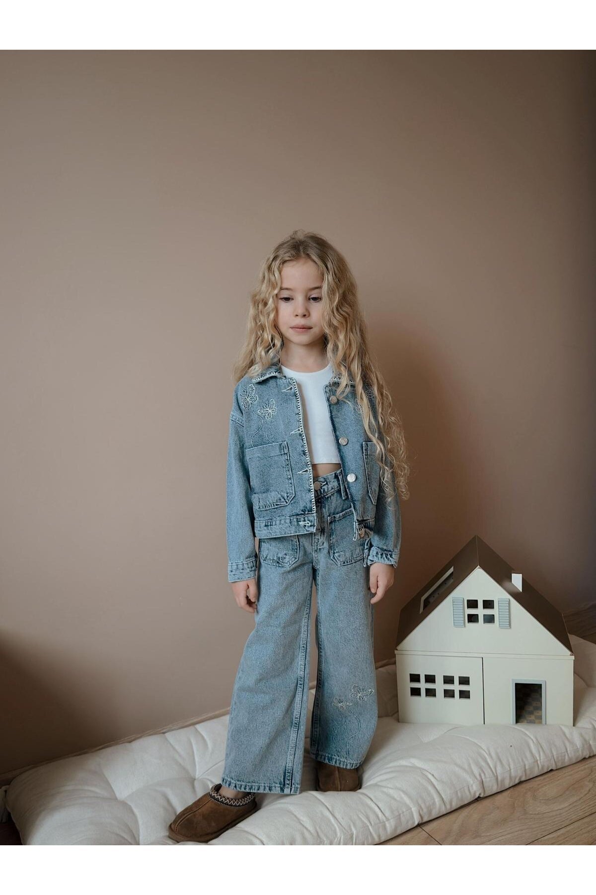 Kız Çocuk Çiçek Baskılı Cepli Kot İkili Takım Ceket Pantolon