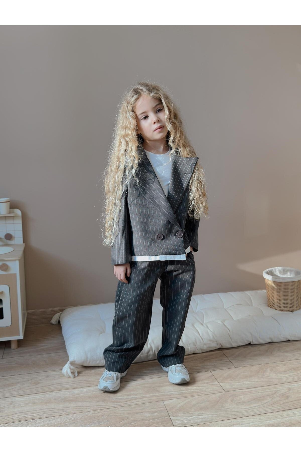 Kız Çocuk Çizgili Pantolon Ceket Antrasit Alt Üst Takım