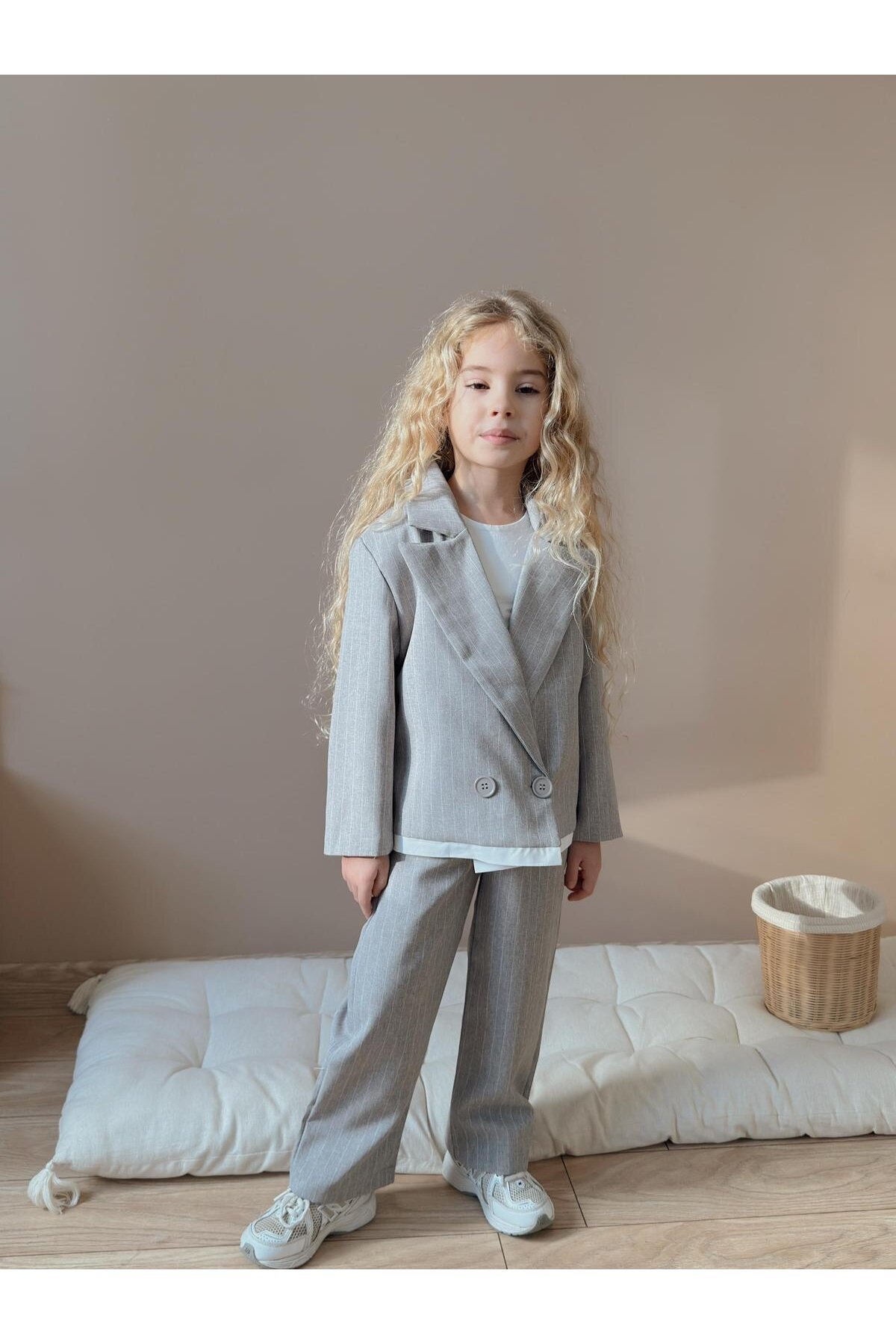 Kız Çocuk Çizgili Pantolon Ceket Gri Alt Üst Takım