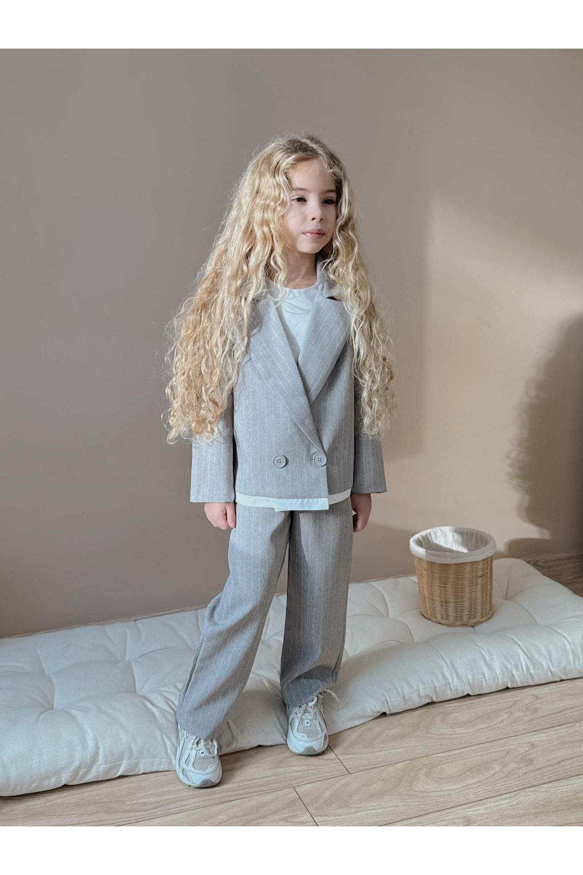 Kız Çocuk Çizgili Pantolon Ceket Gri Alt Üst Takım