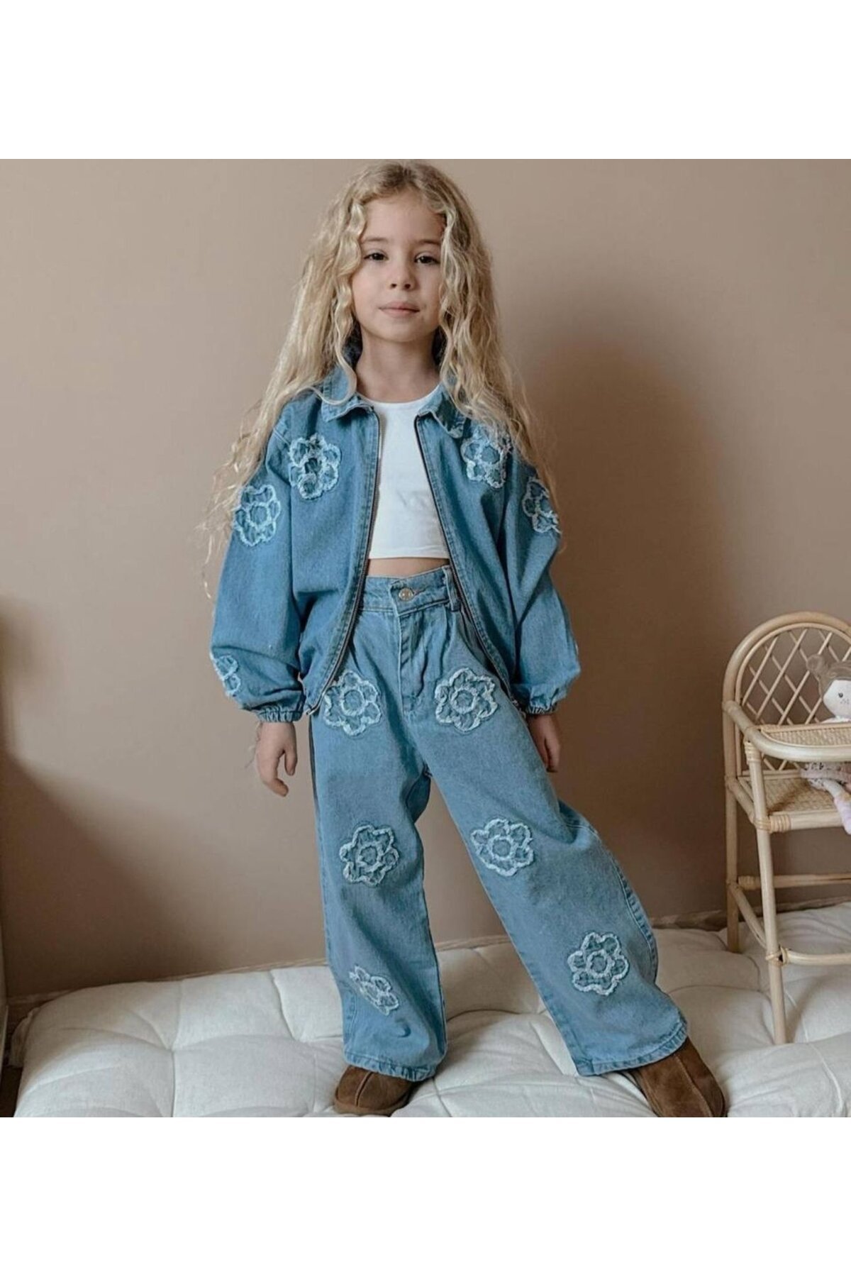 Kız Çocuk Kot İkili Takım Ceket Pantolon Açık Mavi