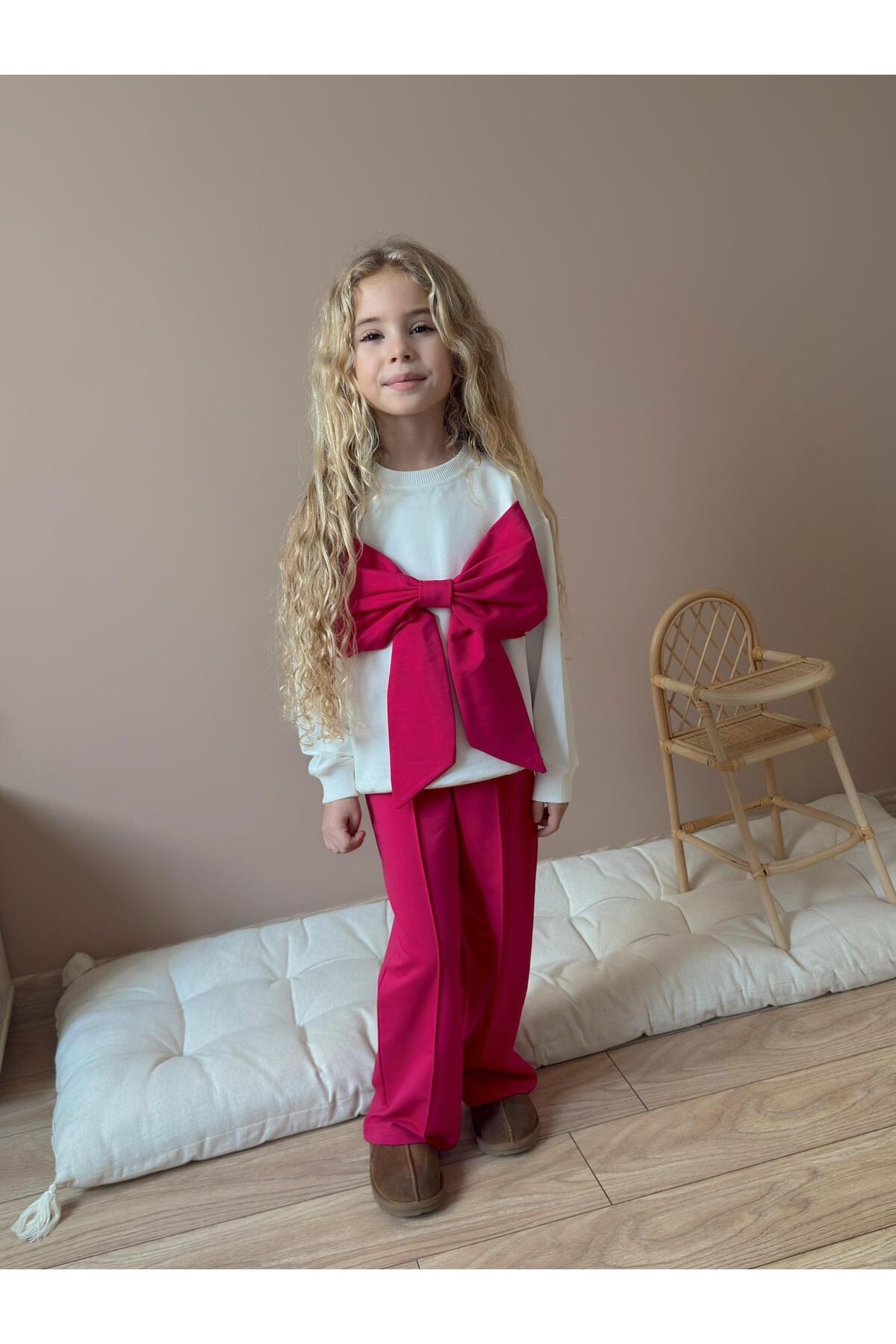 Kız Çocuk Fiyonk Detay Pamuklu Alt Üst Takım Fuşya