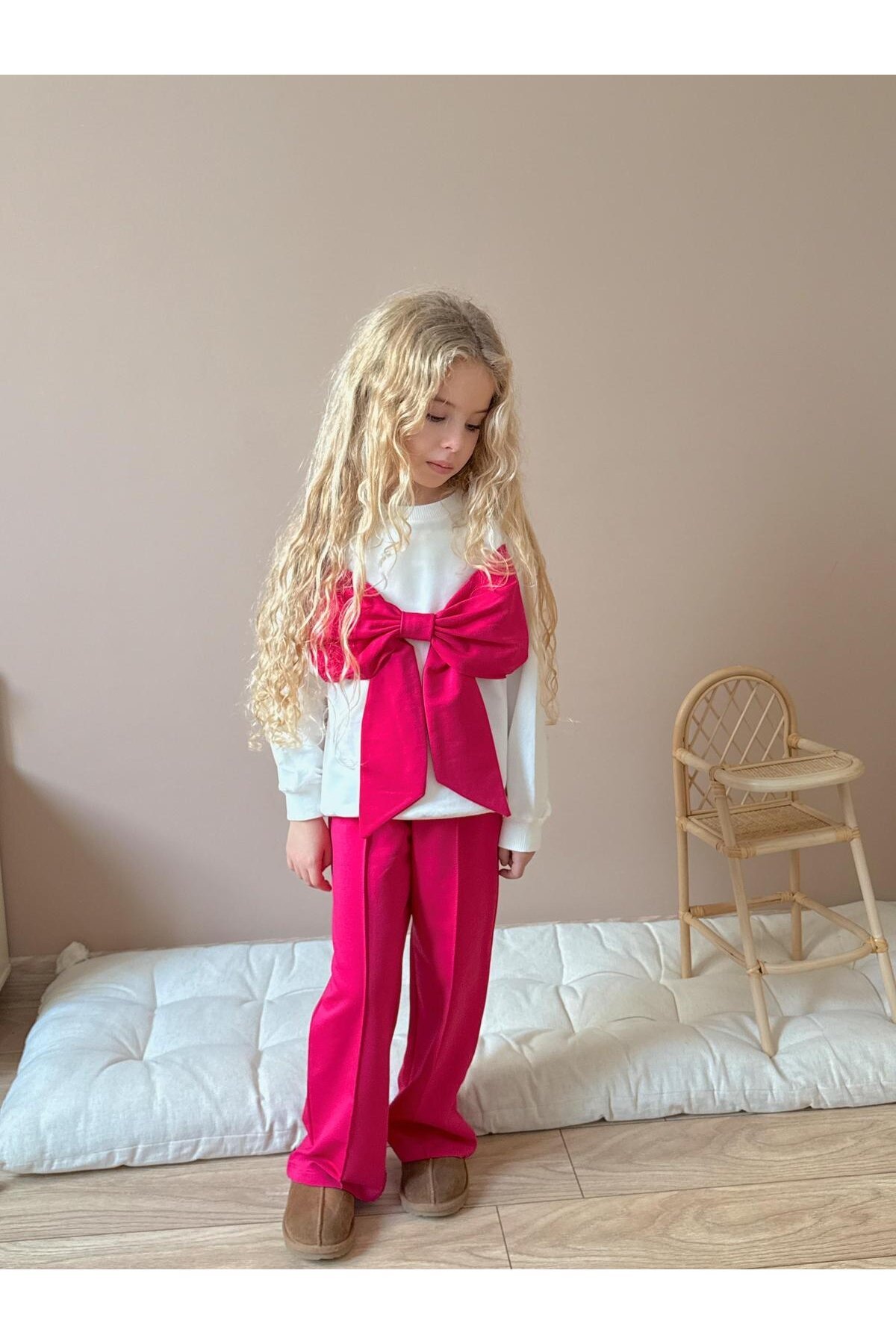 Kız Çocuk Fiyonk Detay Pamuklu Alt Üst Takım Fuşya