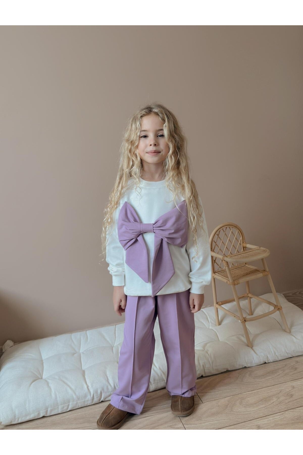 Kız Çocuk Fiyonk Detay Pamuklu Alt Üst Takım Mor