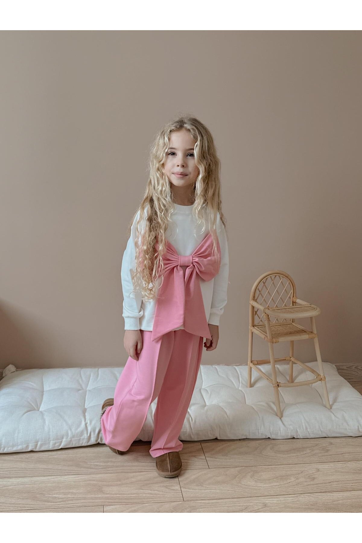 Kız Çocuk Fiyonk Detay Pamuklu Alt Üst Takım Pudra