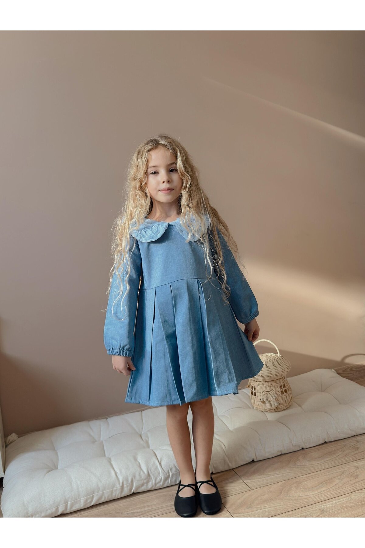 Kız Çocuk Kot Kumaş Yaka Detay Elbise