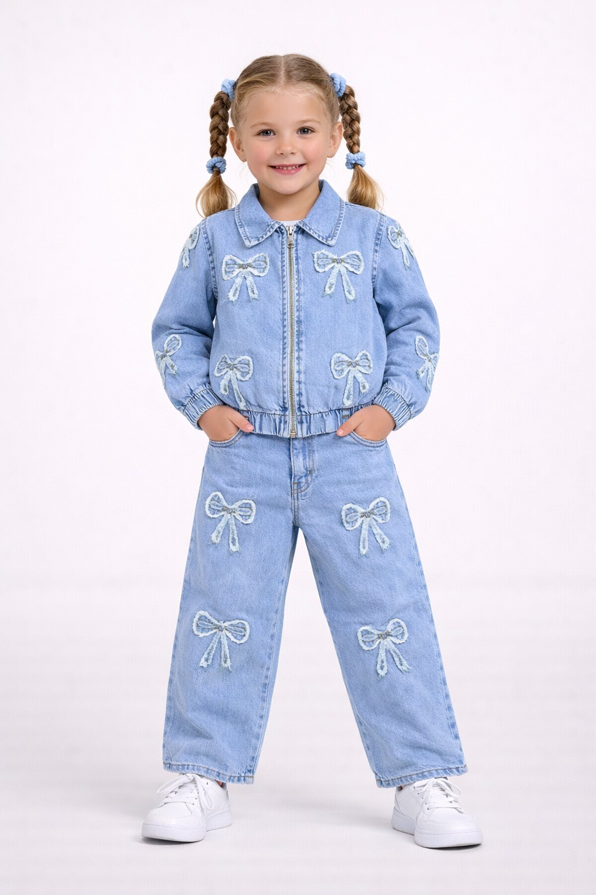 Kız Çocuk Kurdele Desenli Jean Takım