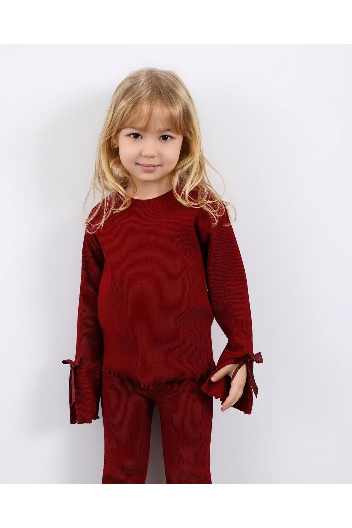 Kız Çocuk Paça Fiyonk Detaylı Kaşkorse Alt Üst Takım Bordo