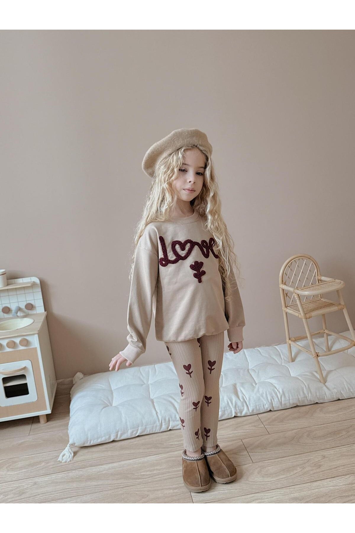 Kız Çocuk Pamuklu Sweatshirt Tayt İkili Takım Bej