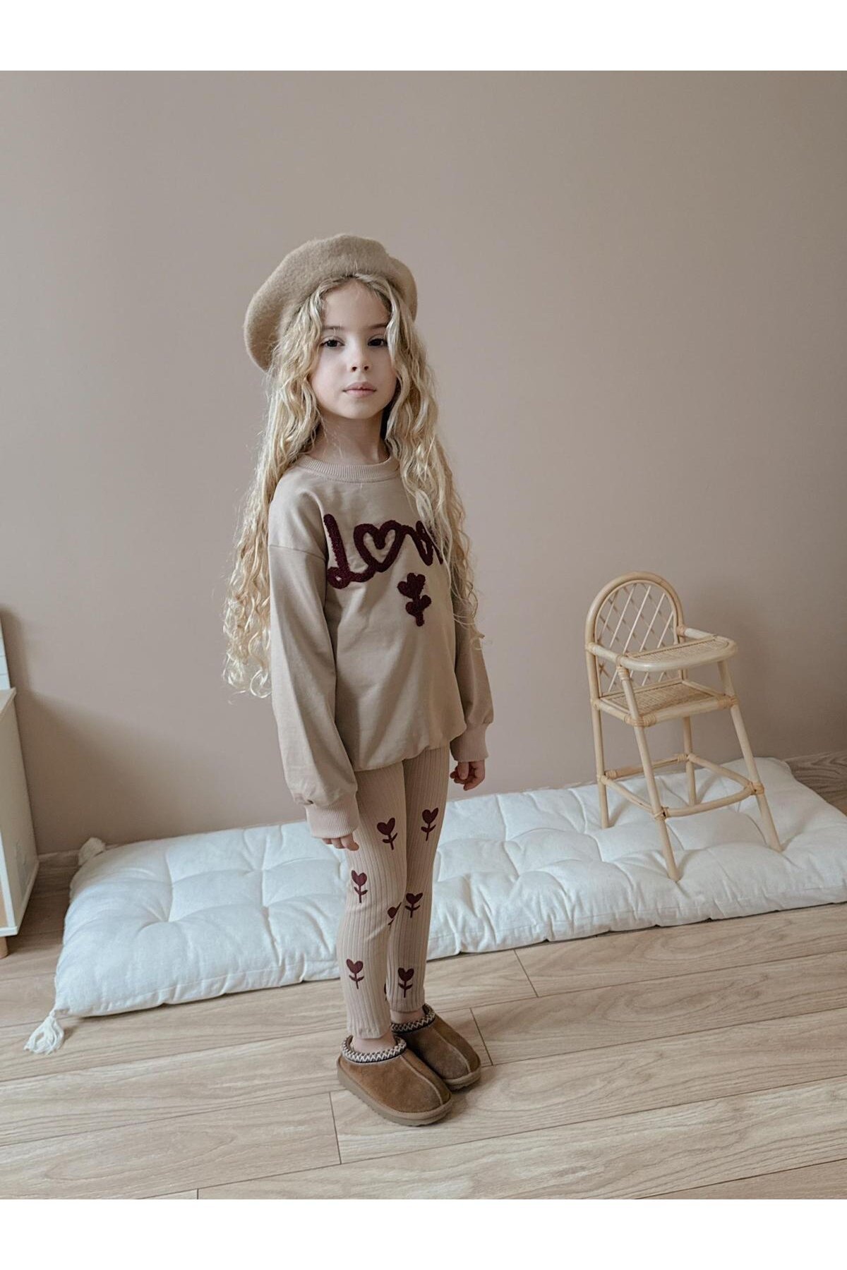 Kız Çocuk Pamuklu Sweatshirt Tayt İkili Takım Bej