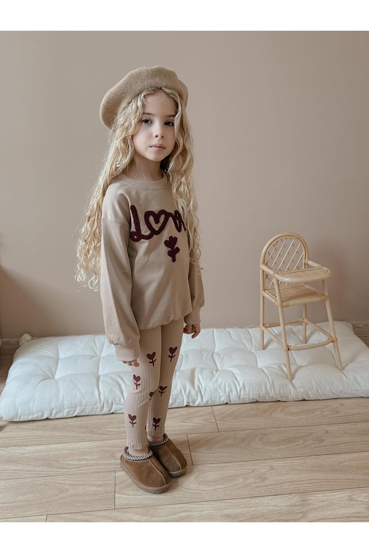 Kız Çocuk Pamuklu Sweatshirt Tayt İkili Takım Bej