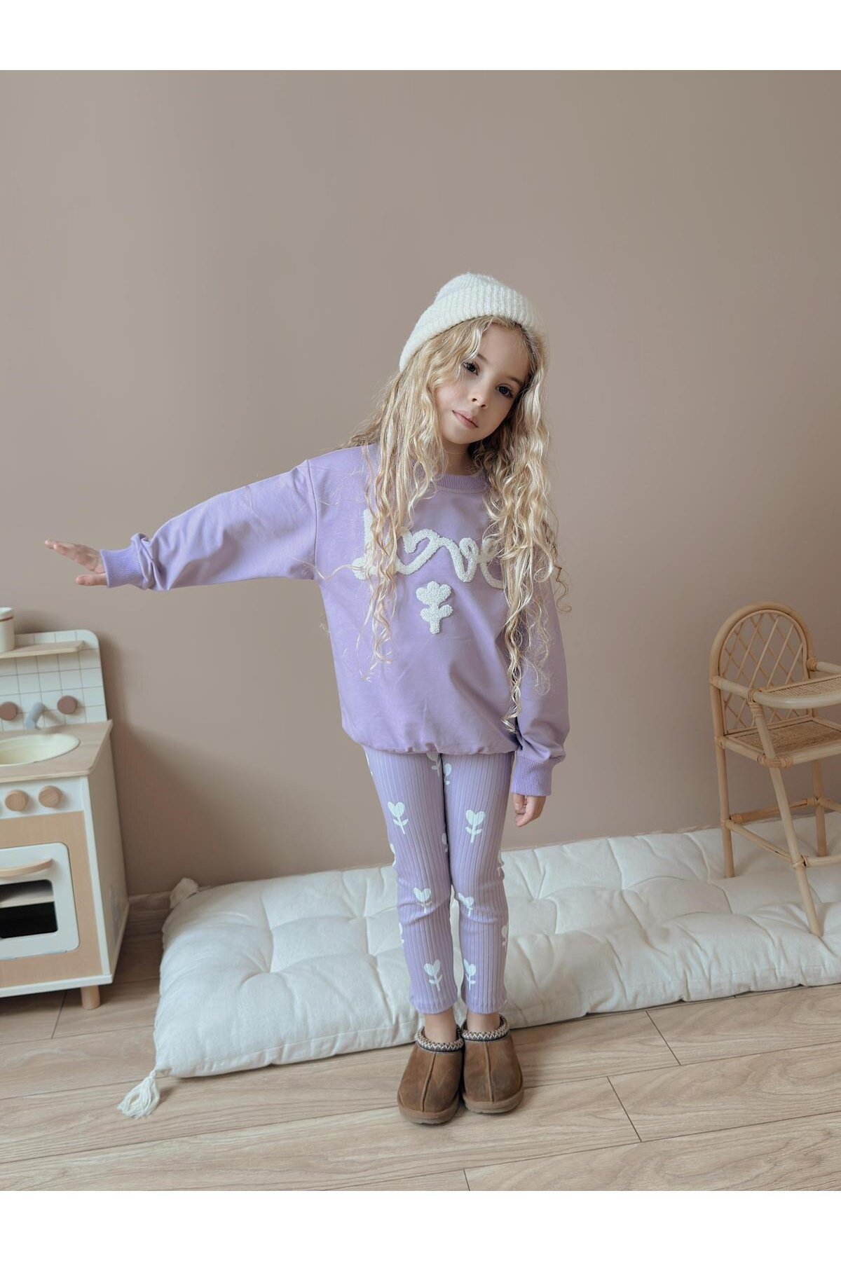 Kız Çocuk Pamuklu Sweatshirt Tayt İkili Takım Lila