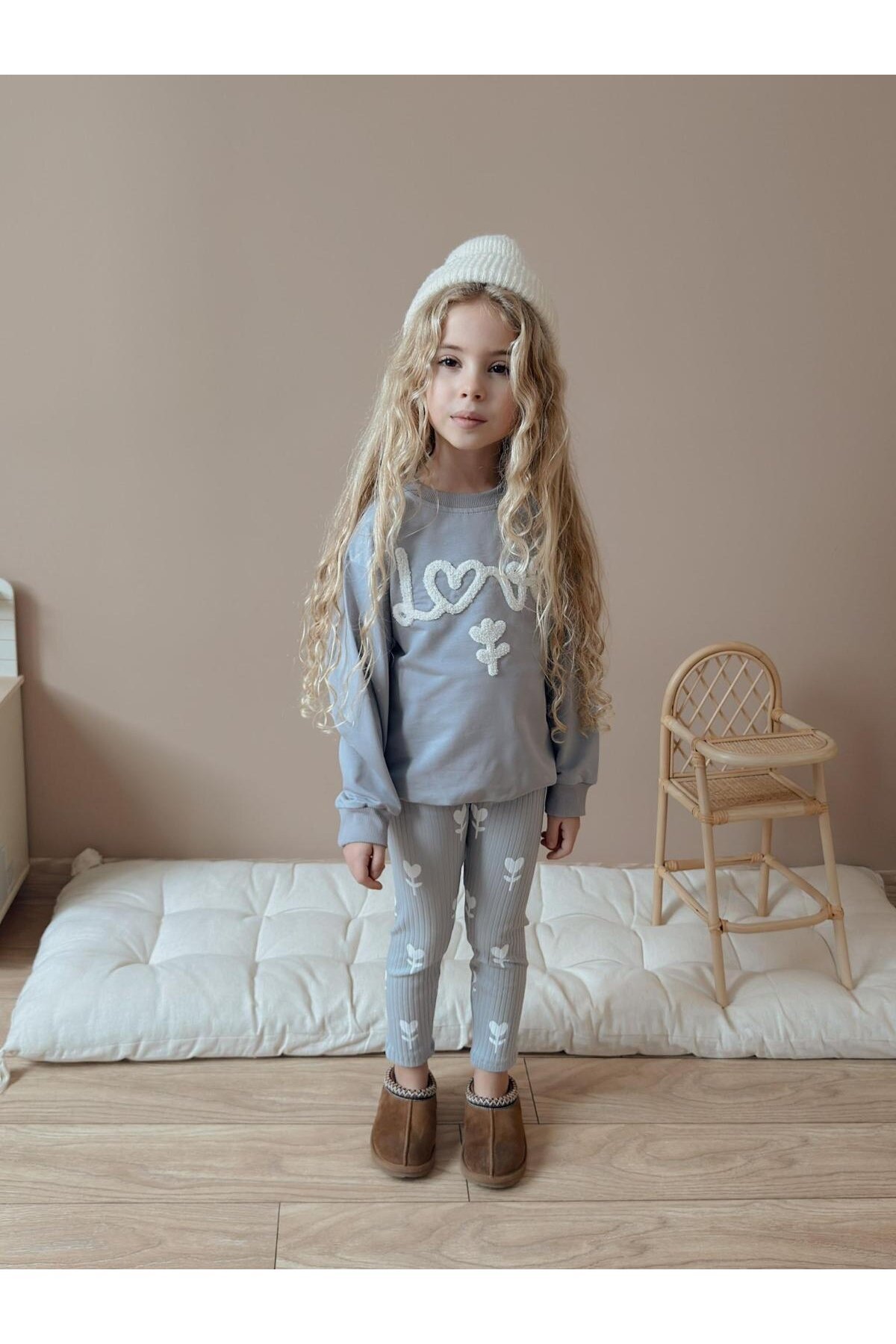 Kız Çocuk Pamuklu Sweatshirt Tayt İkili Takım Gri