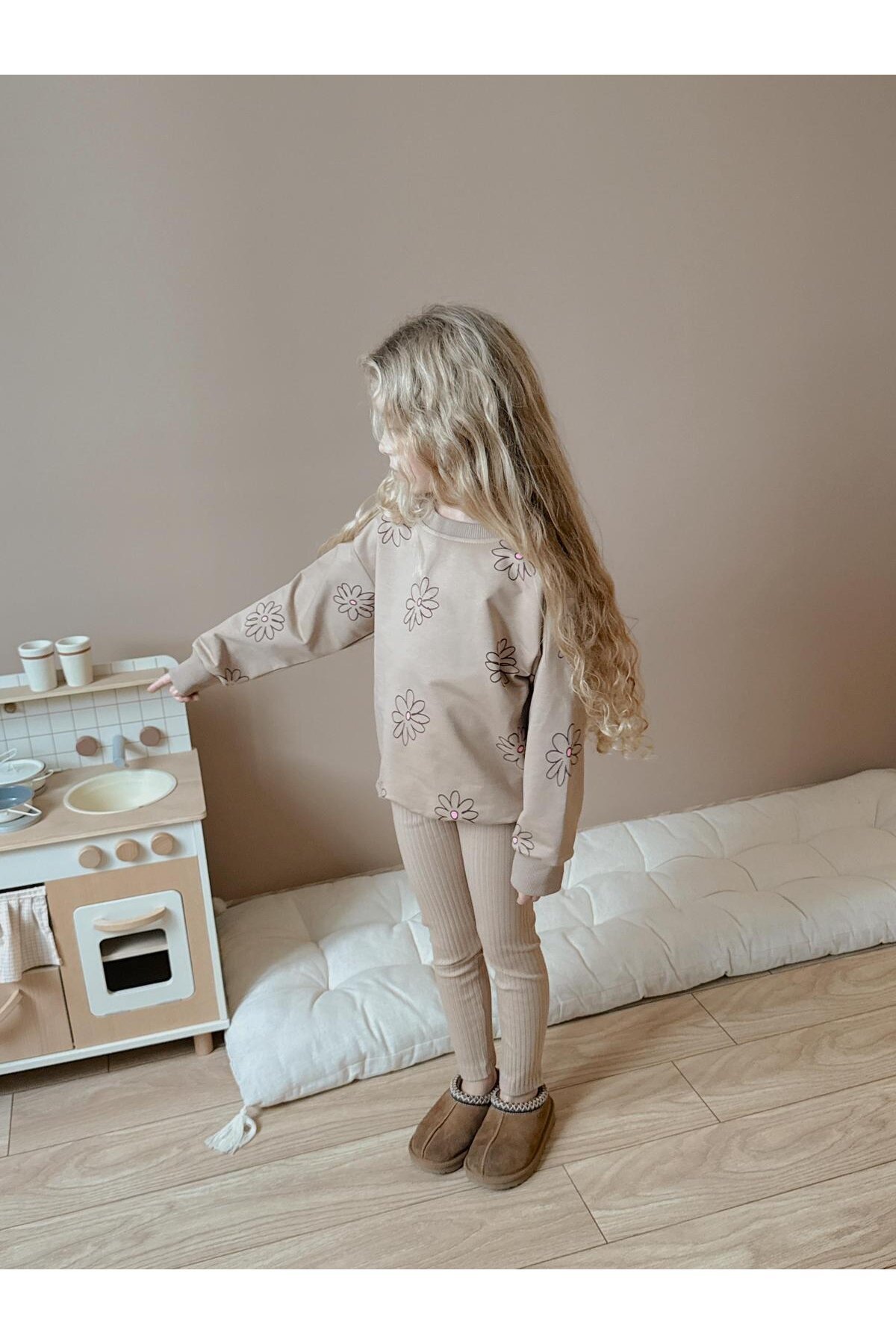 Kız Çocuk Pamuklu Sweatshirt Tayt İkili Takım Bej