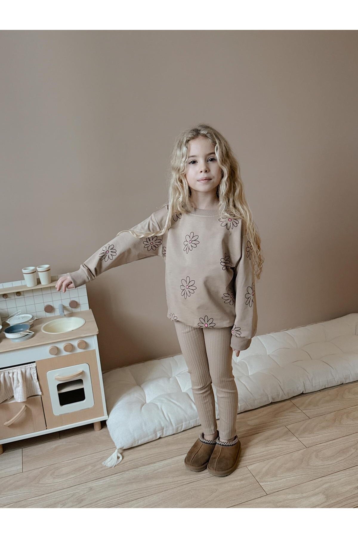 Kız Çocuk Pamuklu Sweatshirt Tayt İkili Takım Bej