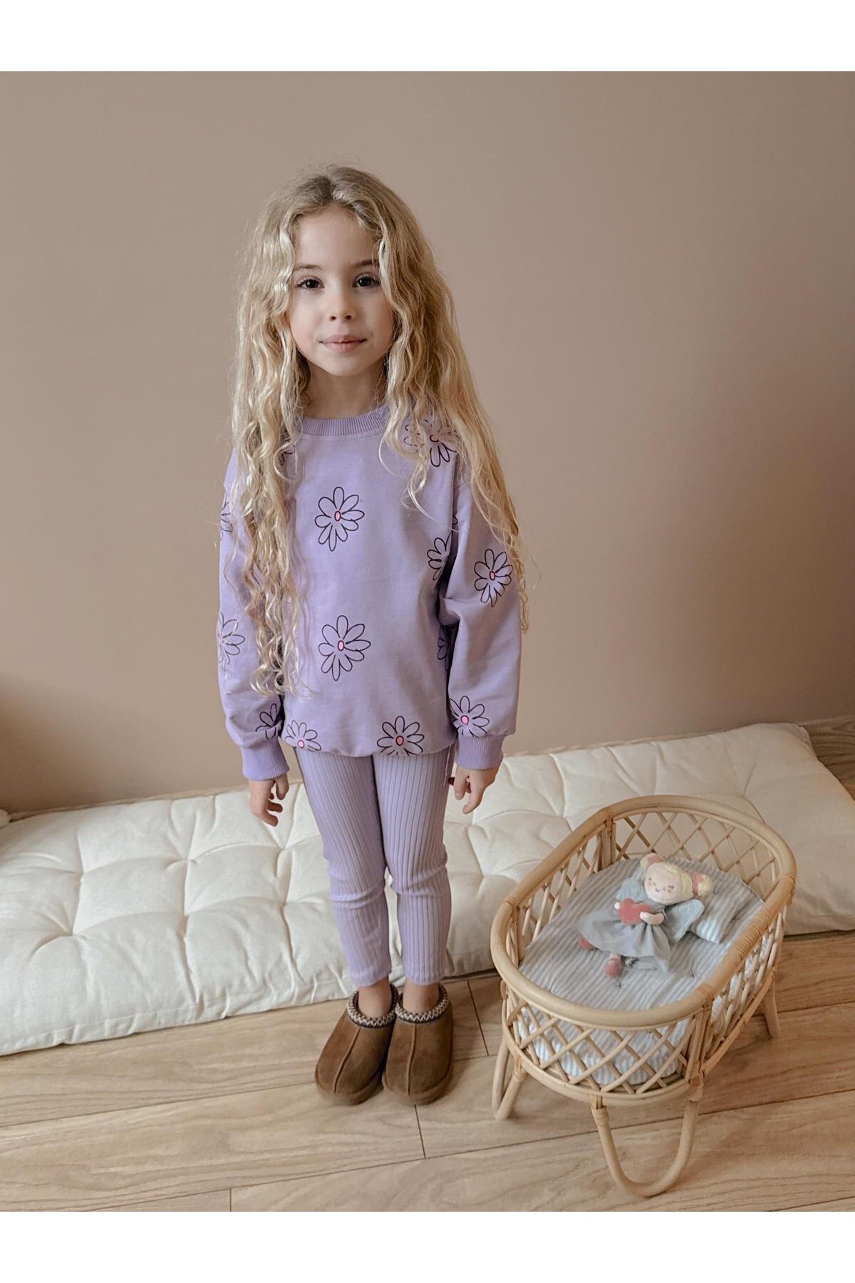 Kız Çocuk Pamuklu Sweatshirt Tayt İkili Takım Lila