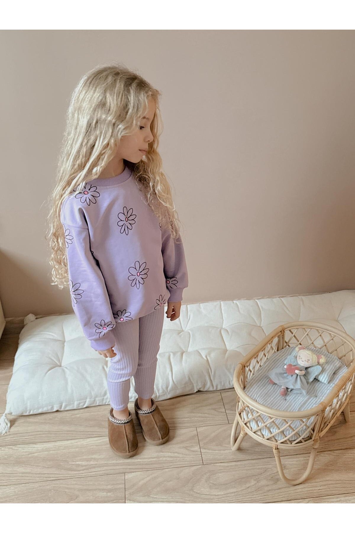 Kız Çocuk Pamuklu Sweatshirt Tayt İkili Takım Lila