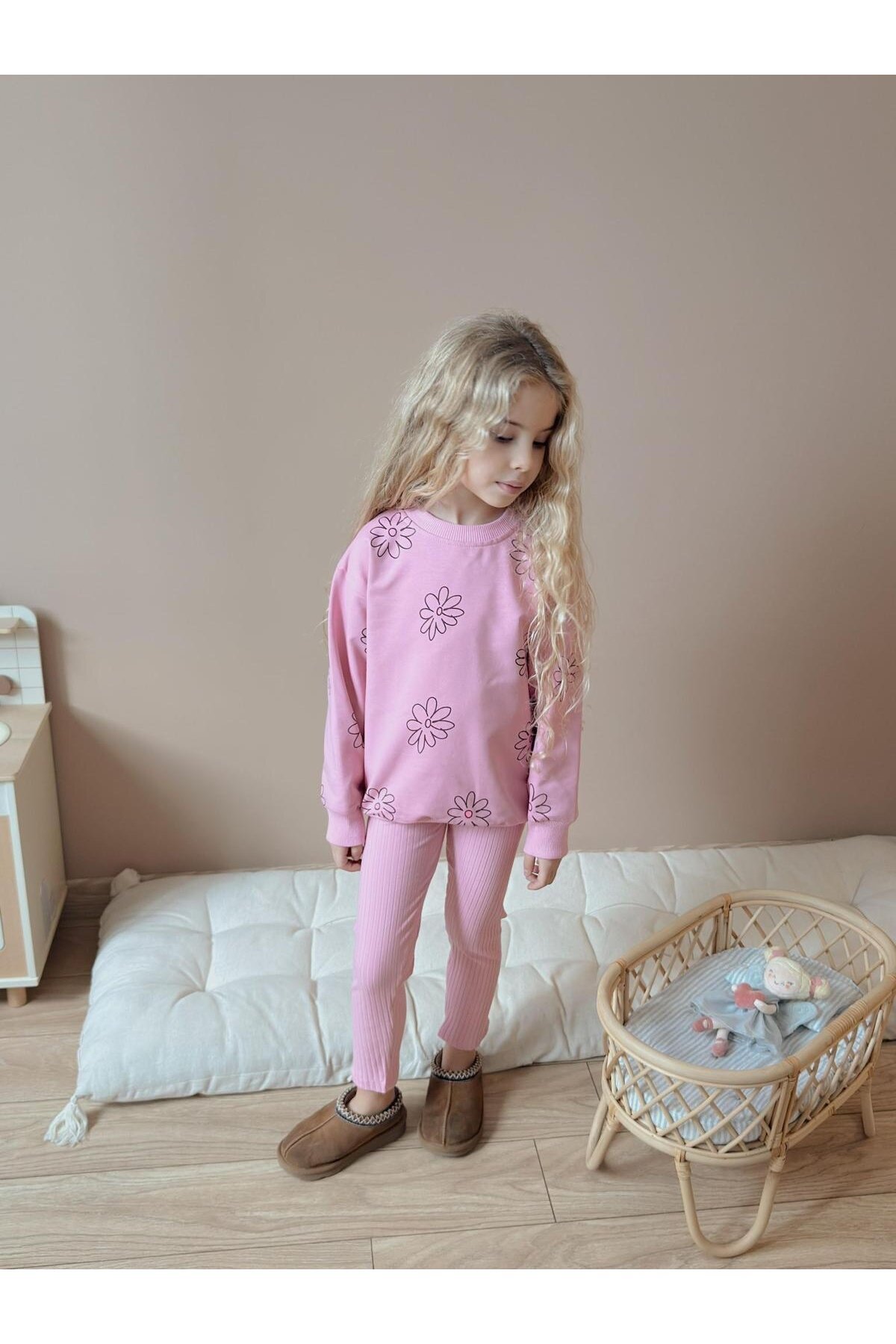 Kız Çocuk Pamuklu Sweatshirt Tayt İkili Takım Pembe