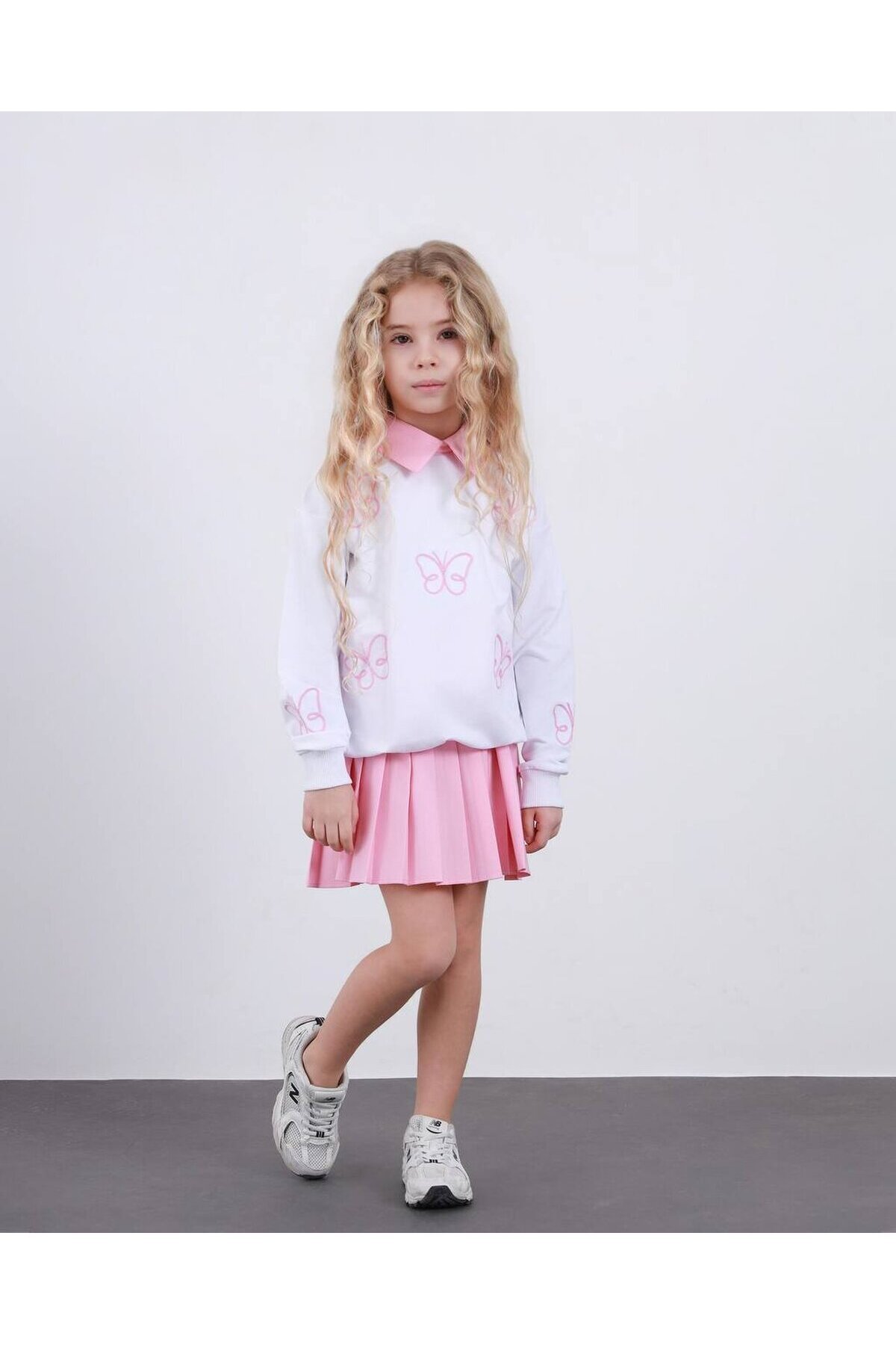 Kız Çocuk Pileli Etek ve Alt Üst Takım Beyaz