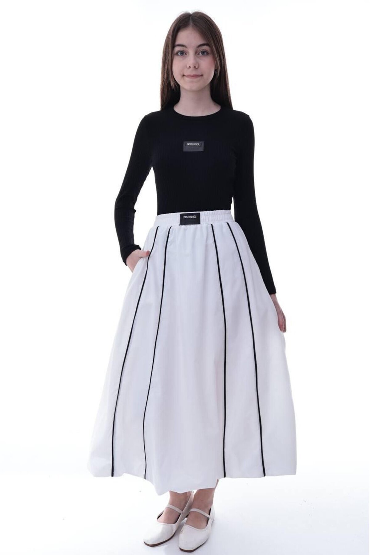 Kız Çocuk Şeritli Balon Etek Beyaz