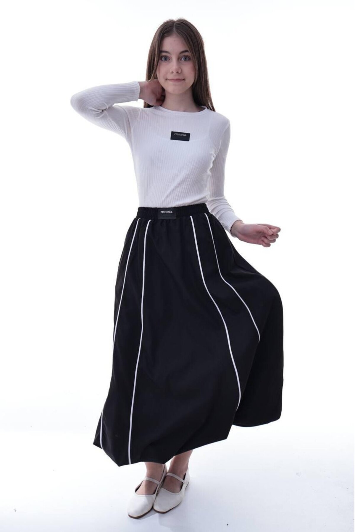 Kız Çocuk Şeritli Balon Etek Siyah