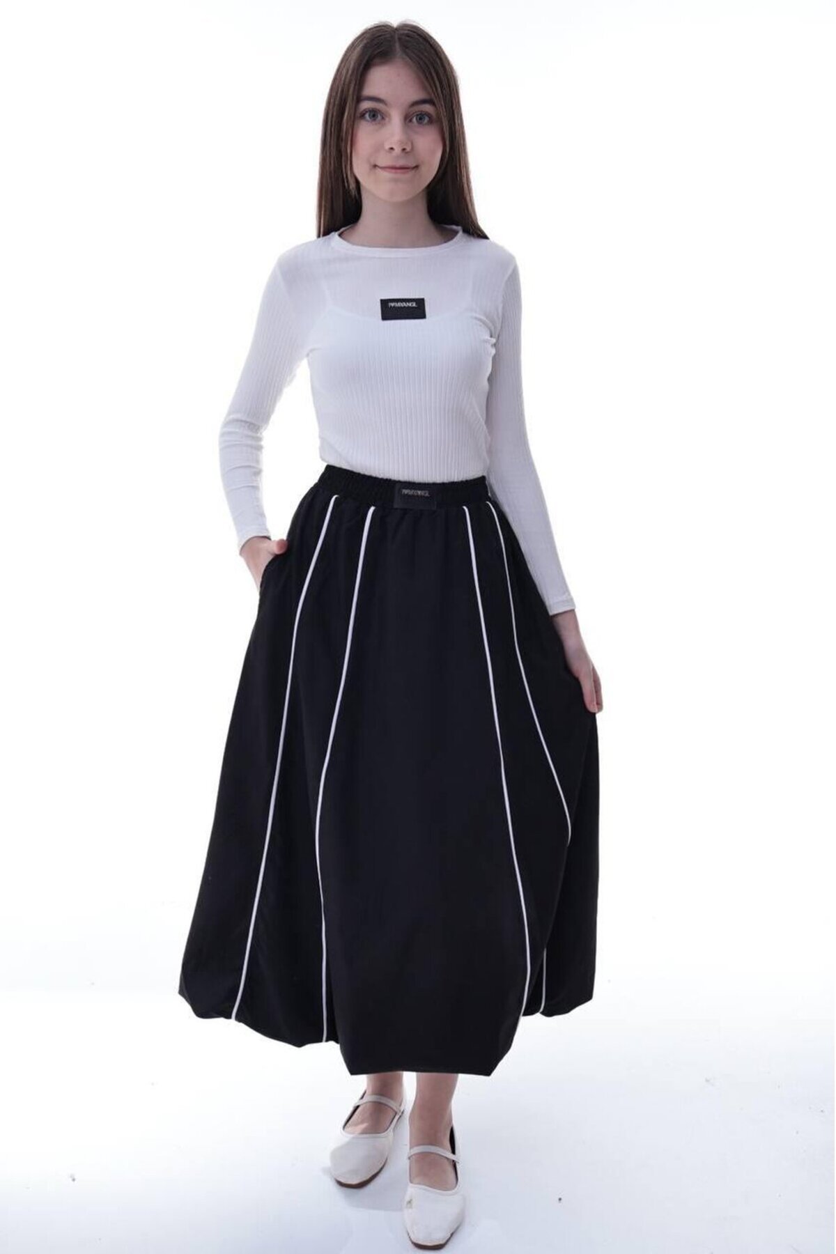 Kız Çocuk Şeritli Balon Etek Siyah