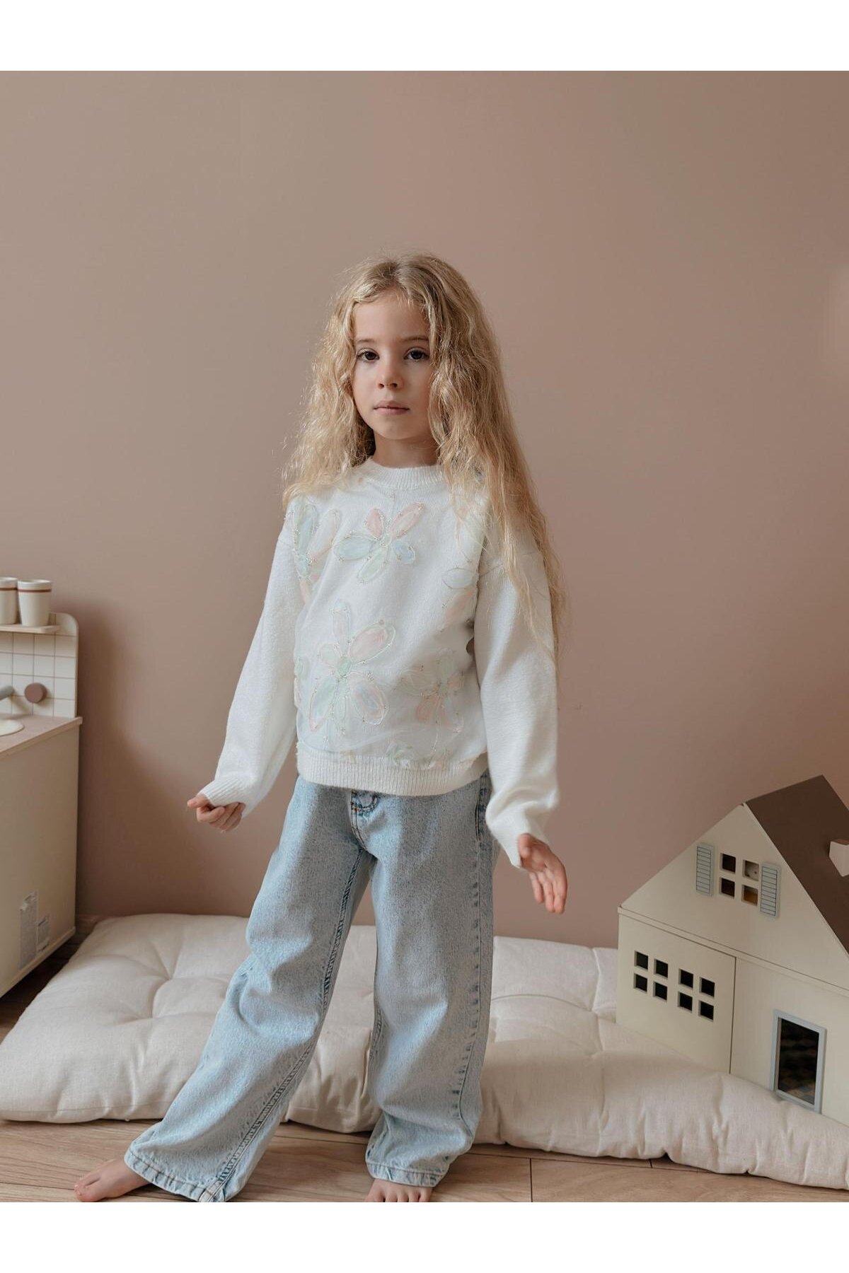 Kız Çocuk Triko Üst ve Kot Pantalon Alt Üst Takım