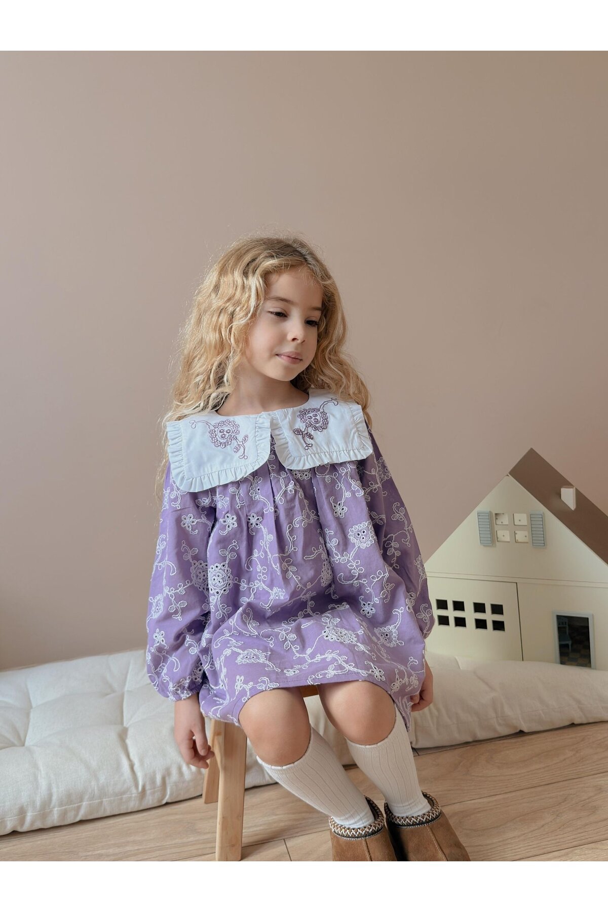 Kız Çocuk Yaka Nakışlı Astarlı Keten Elbise