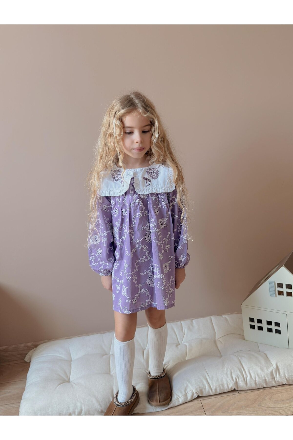 Kız Çocuk Yaka Nakışlı Astarlı Keten Elbise