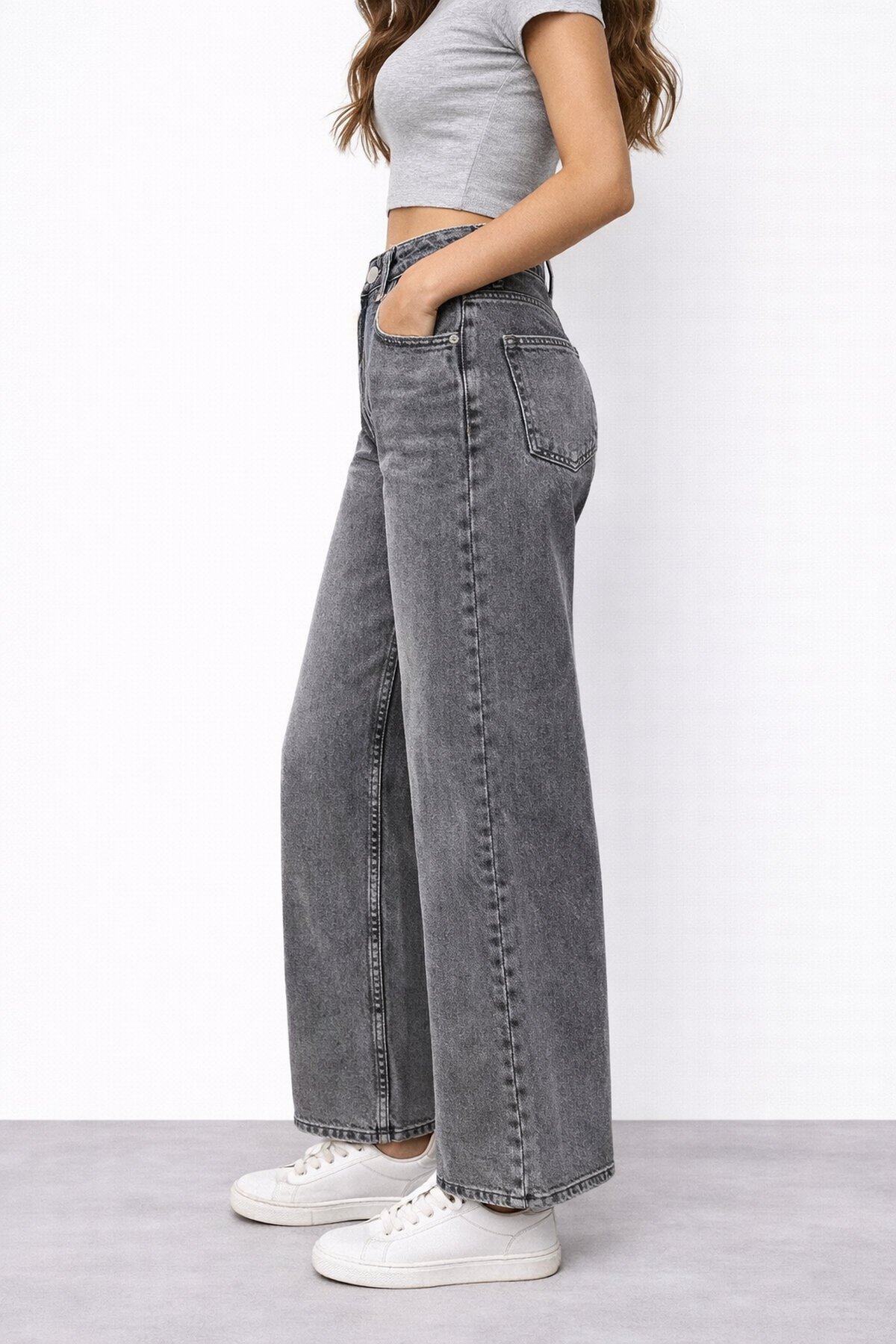 Koyu Gri Geniş Paça Jean
