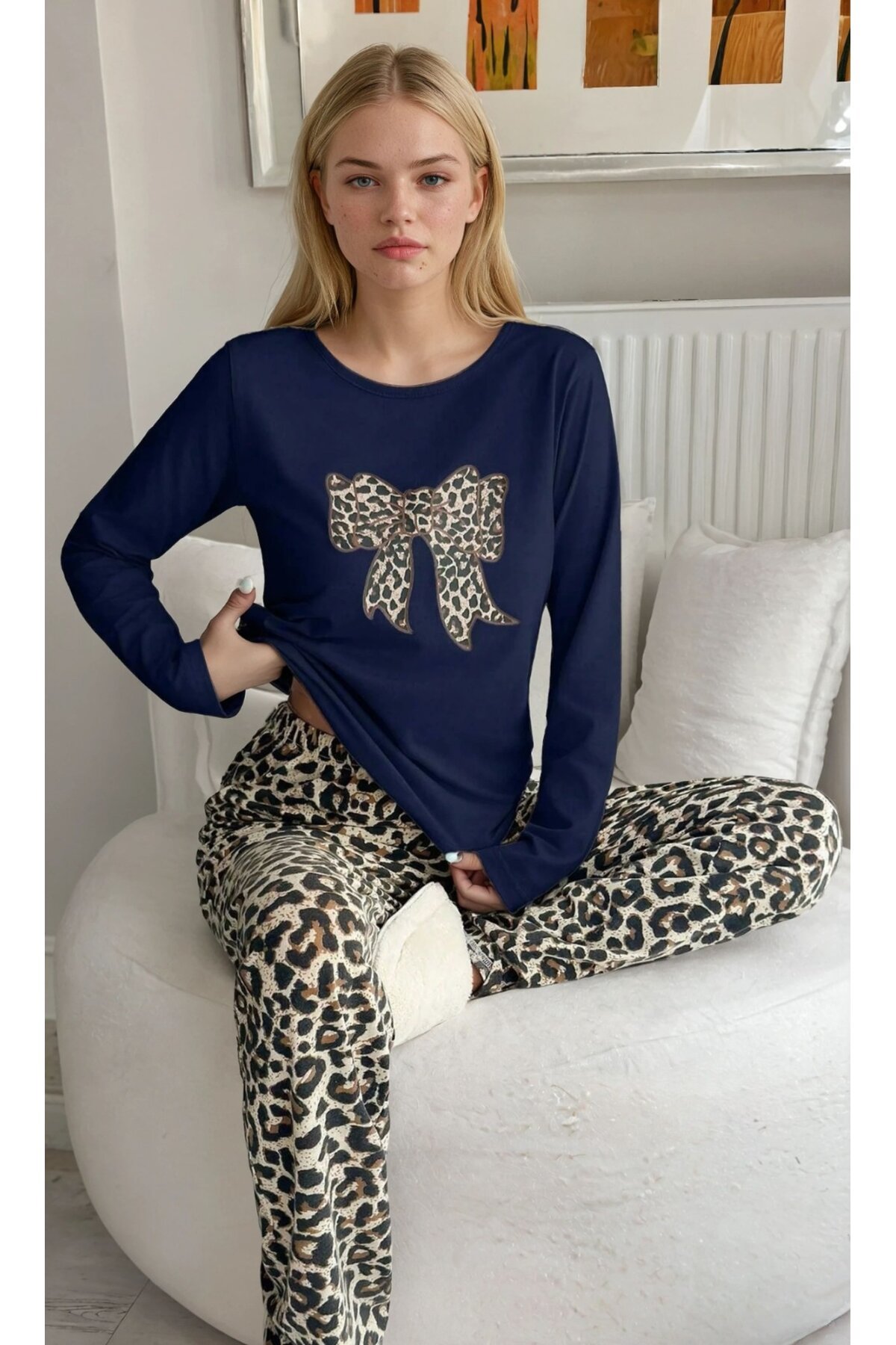 Leopar Desen Alt Fiyonk Desenli Lacivert Pijama Takımı