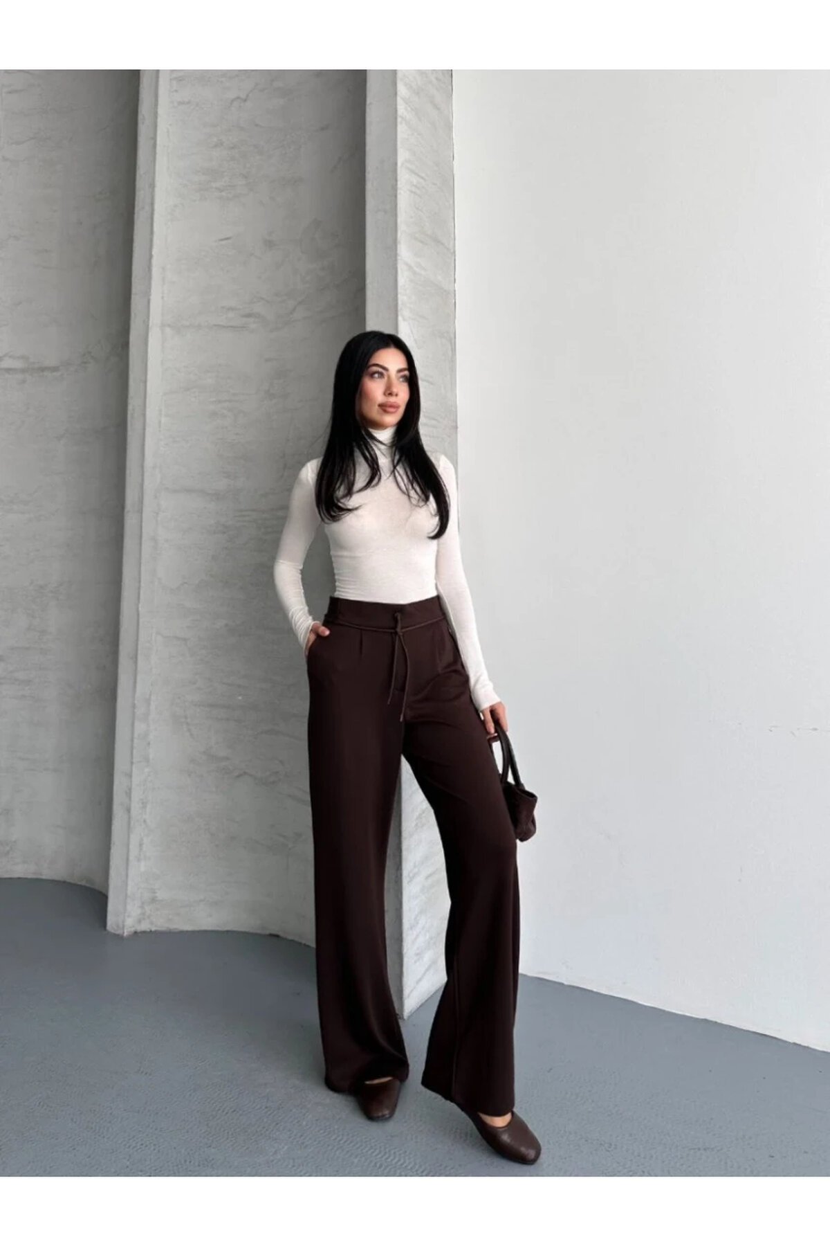 Modal Kumaş Bel Detay Pantalon Kahve