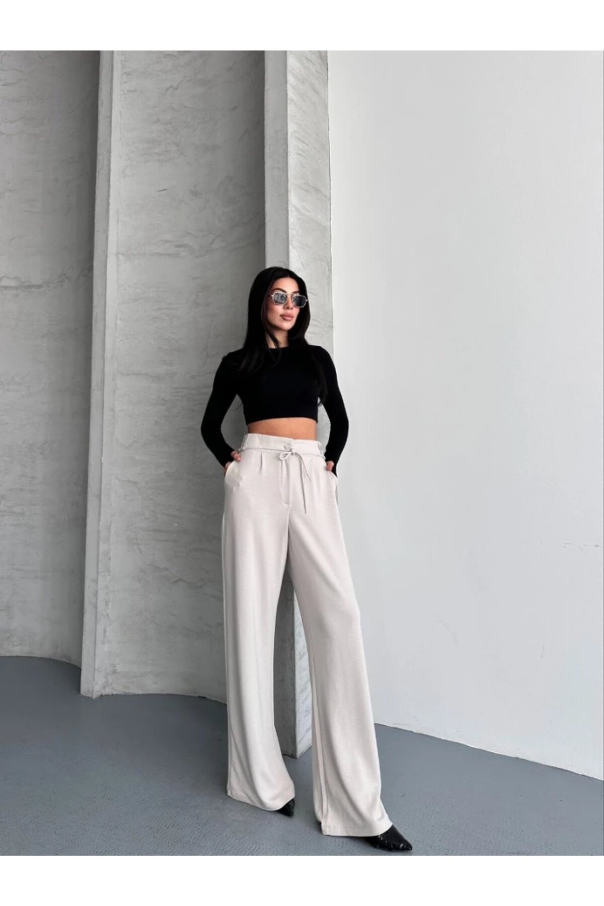 Modal Kumaş Bel Detay Pantalon Krem