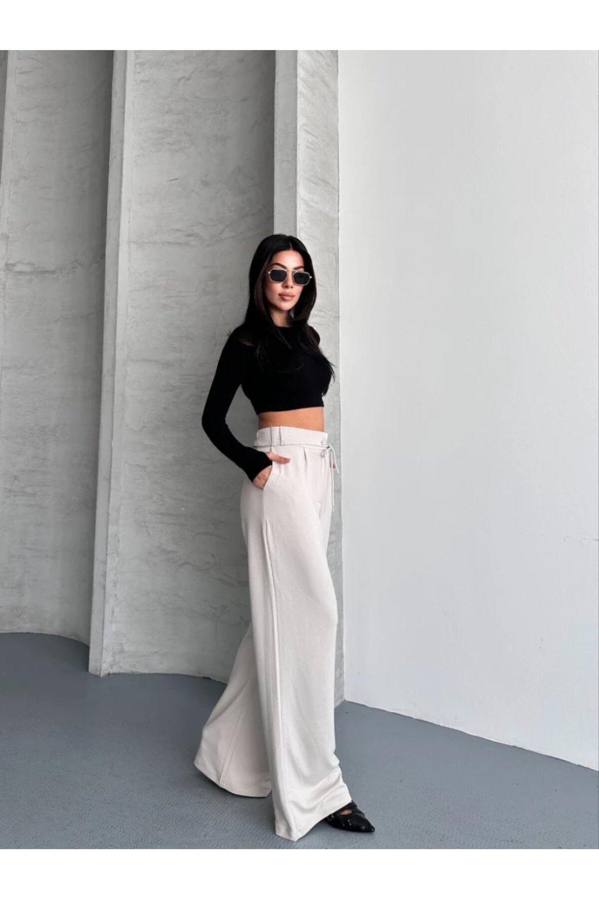 Modal Kumaş Bel Detay Pantalon Krem