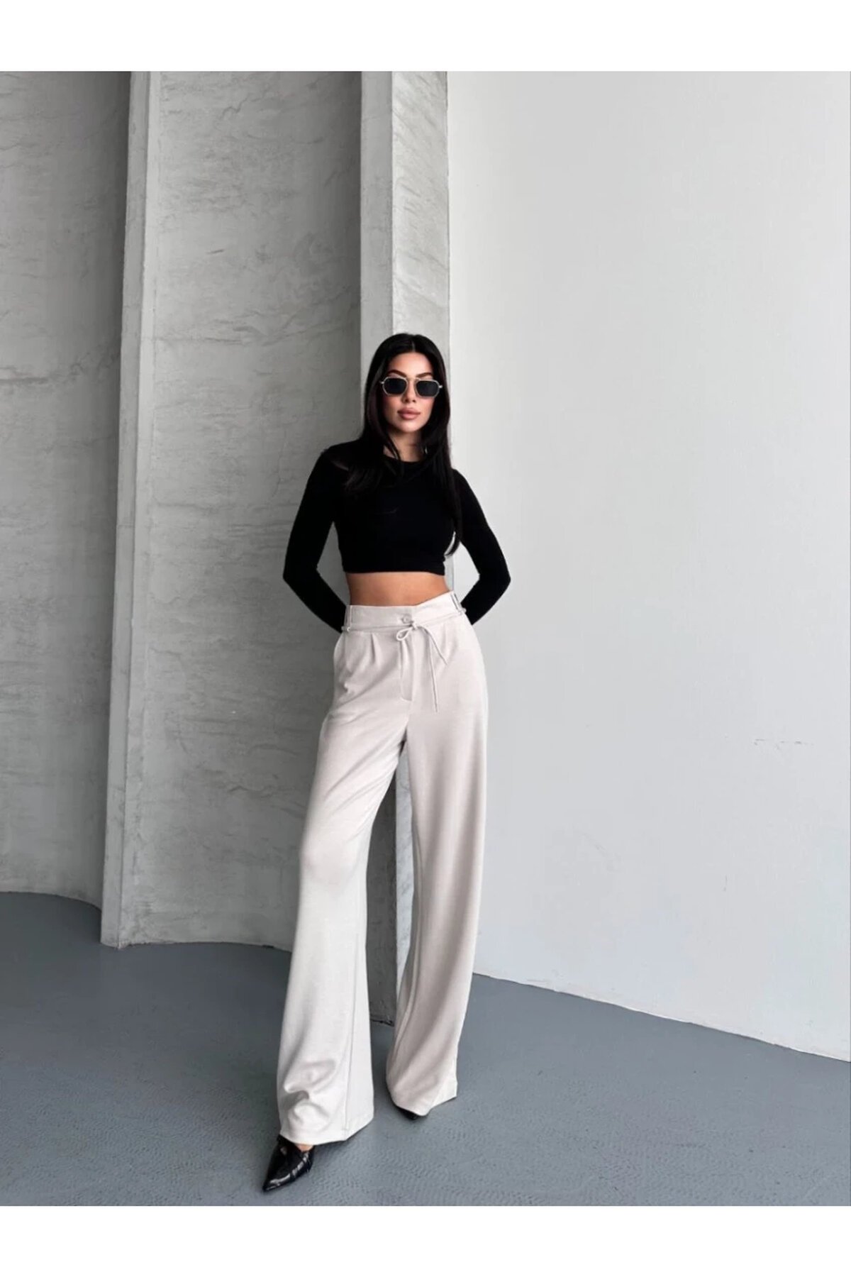 Modal Kumaş Bel Detay Pantalon Krem