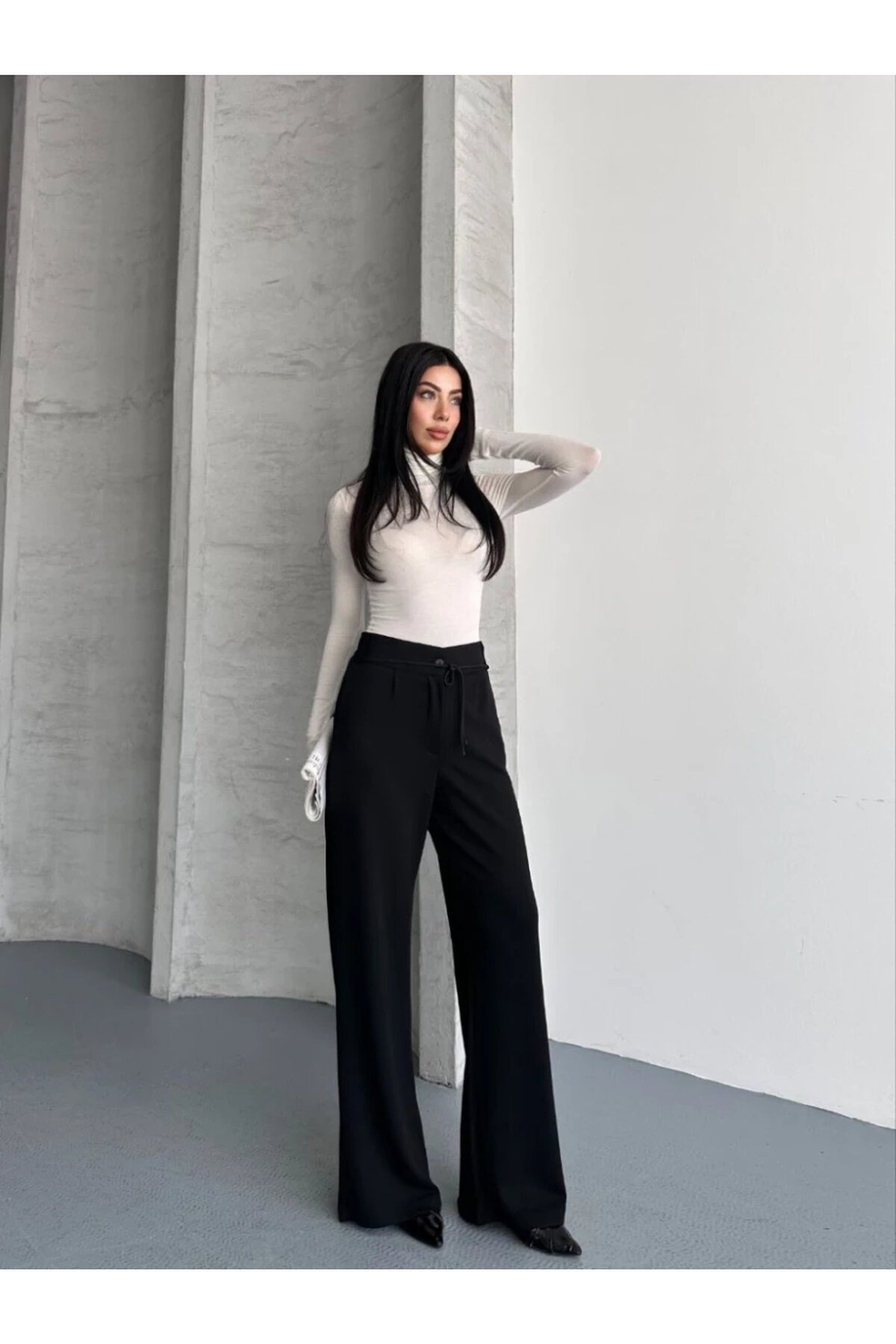 Modal Kumaş Bel Detay Pantalon Siyah