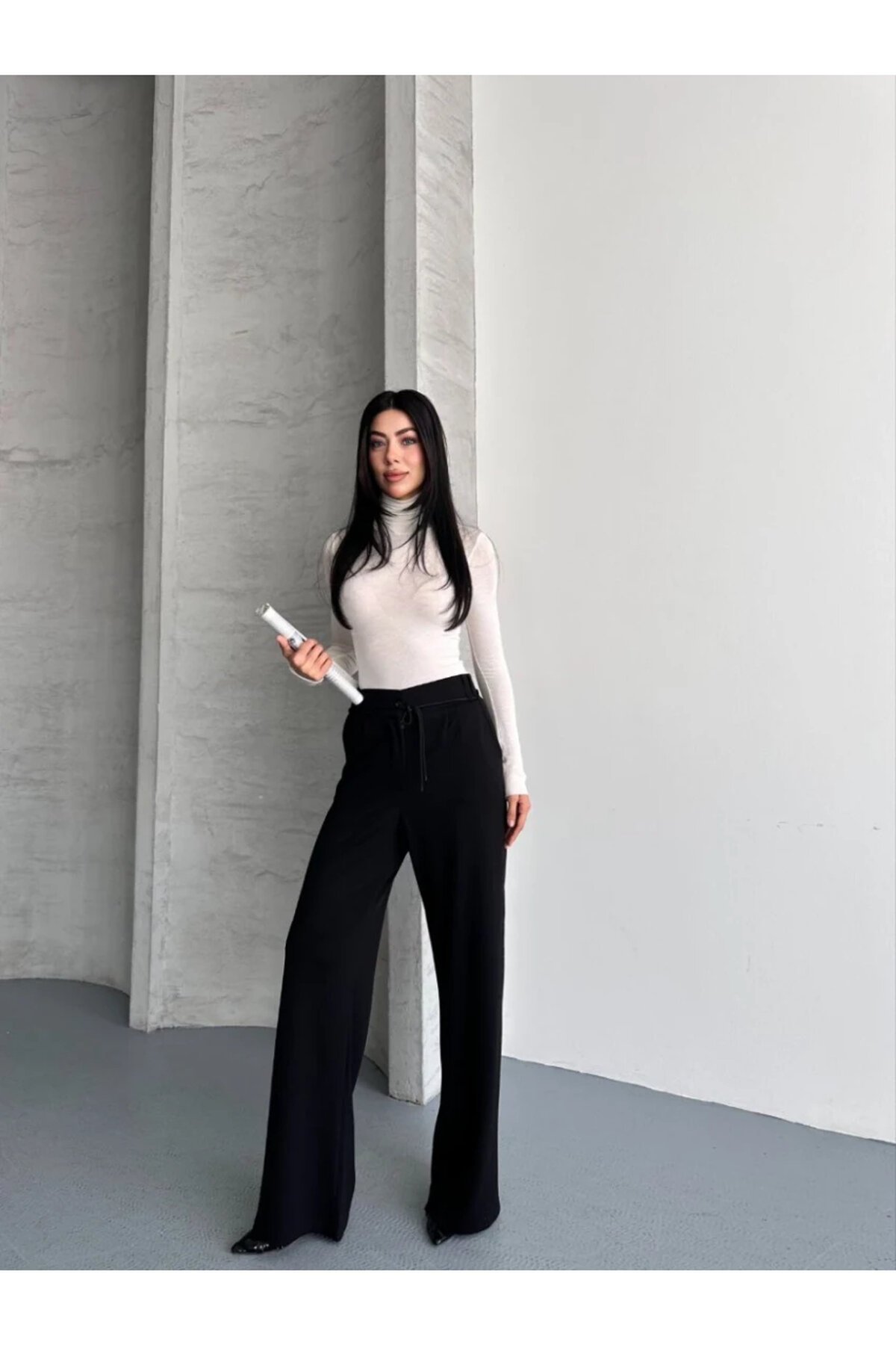 Modal Kumaş Bel Detay Pantalon Siyah