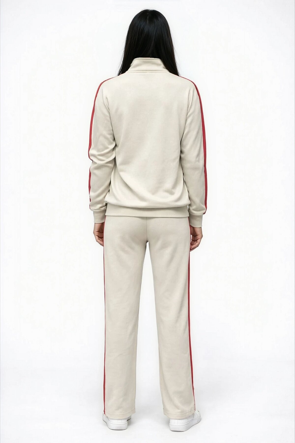 Modal Kumaş Tam Fermuarlı Şeritli Eşofman Takımı Bej