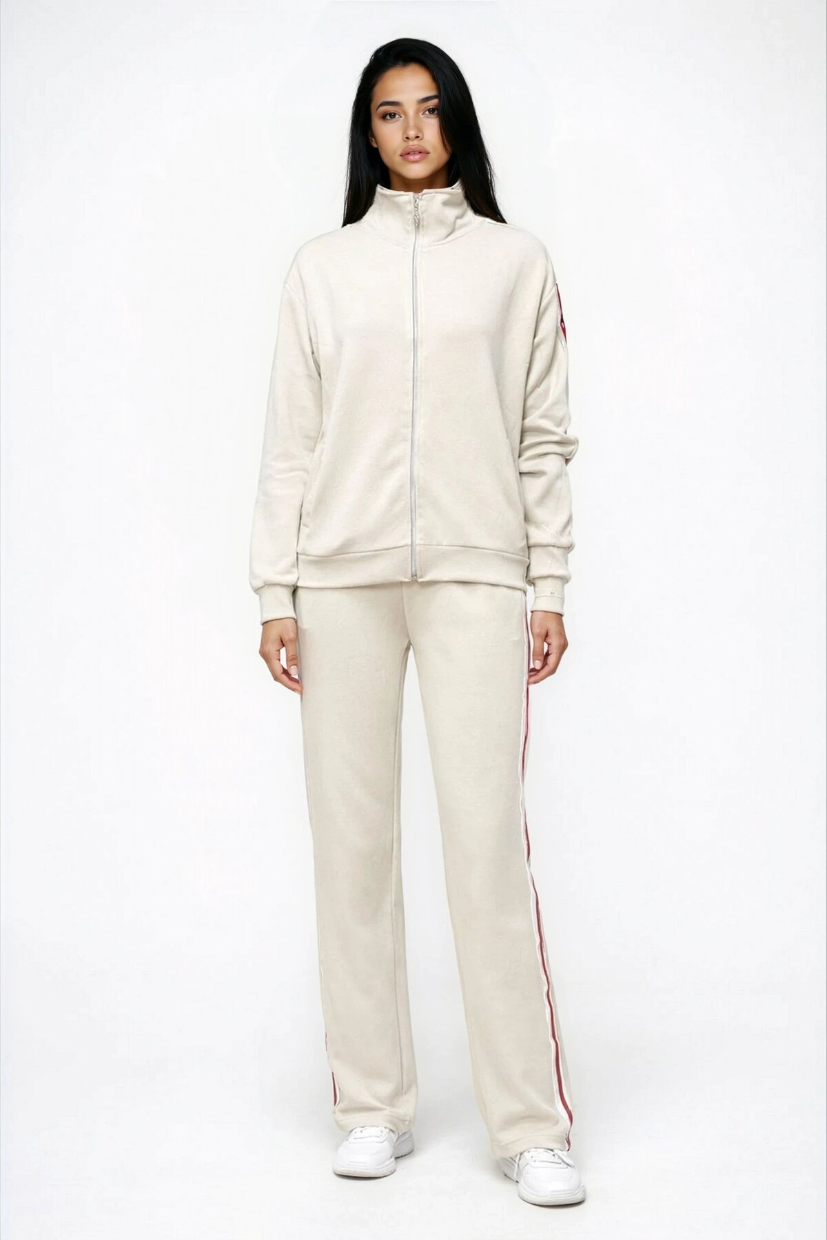 Modal Kumaş Tam Fermuarlı Şeritli Eşofman Takımı Bej