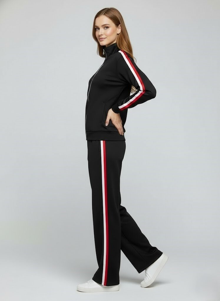 Modal Kumaş Tam Fermuarlı Şeritli Eşofman Takımı Siyah