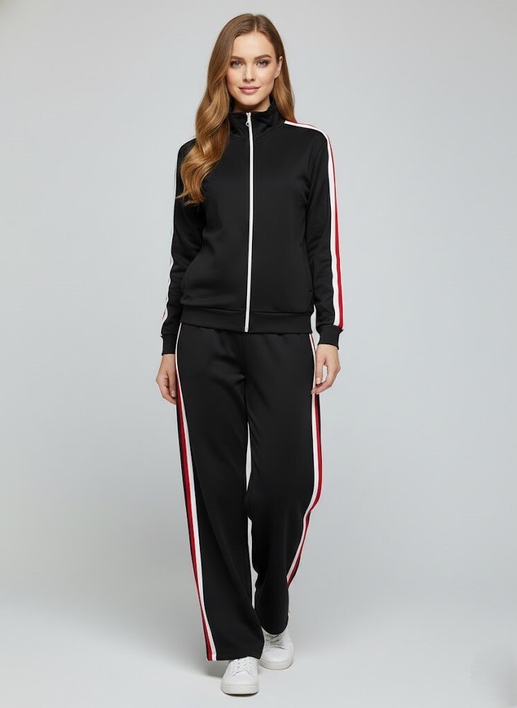 Modal Kumaş Tam Fermuarlı Şeritli Eşofman Takımı Siyah