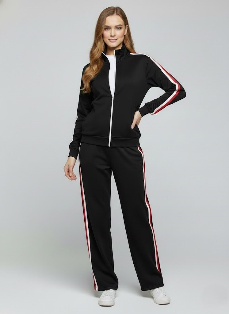 Modal Kumaş Tam Fermuarlı Şeritli Eşofman Takımı Siyah