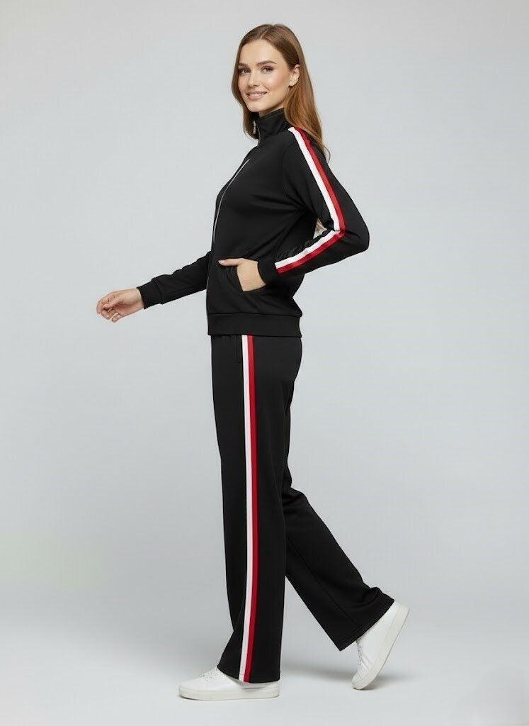 Modal Kumaş Tam Fermuarlı Şeritli Eşofman Takımı Siyah