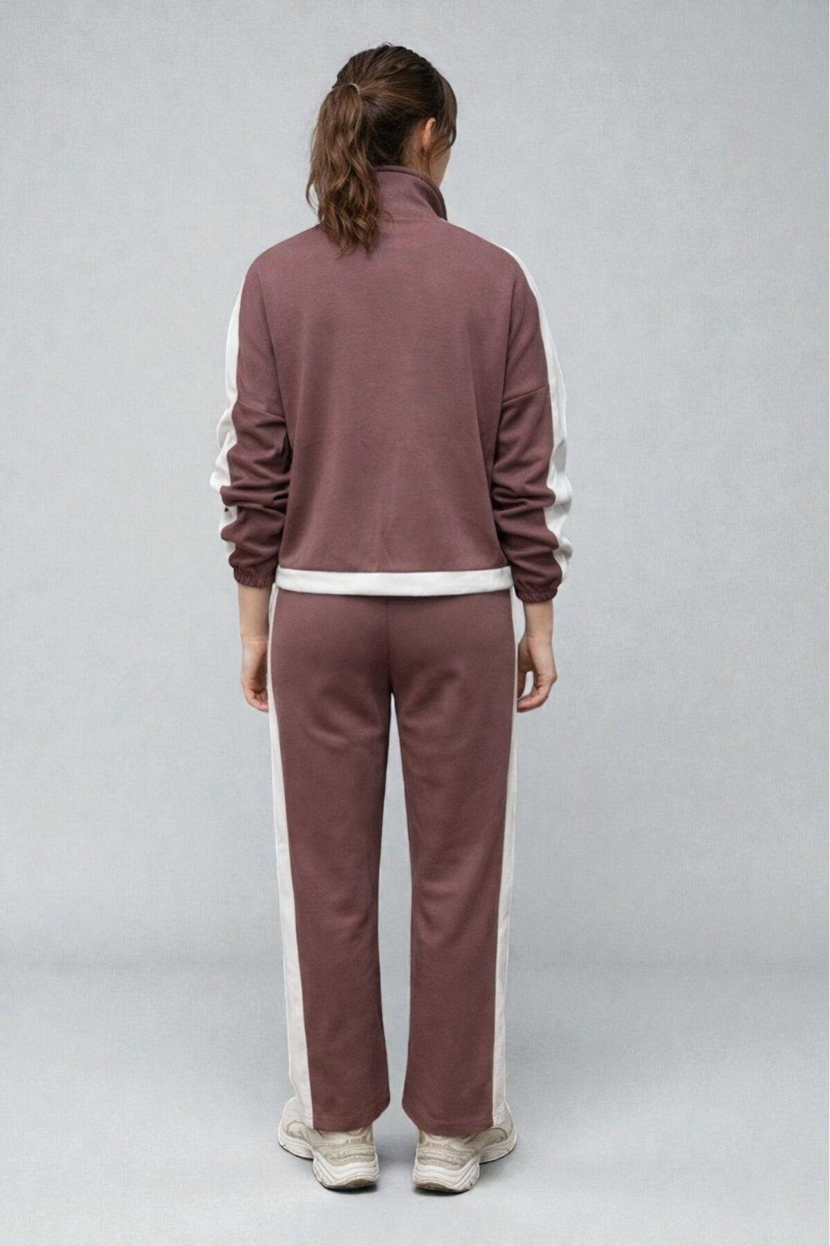 Modal Kumaş Yarım Fermuarlı Şeritli Eşofman Takımı Gül Kurusu