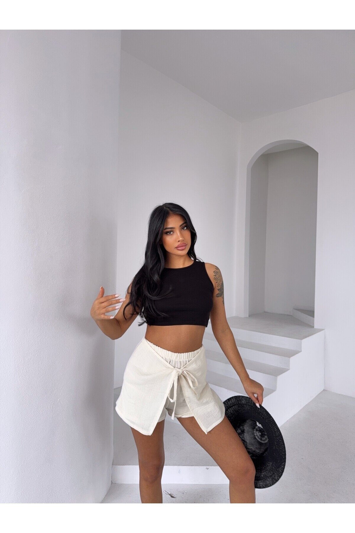 Müslin Keten Bağlama Detay Şort Ekru